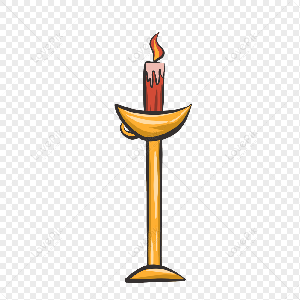 A cartoon-style lit red candle in a golden candlestick with melting wax and flame, on transparent background.