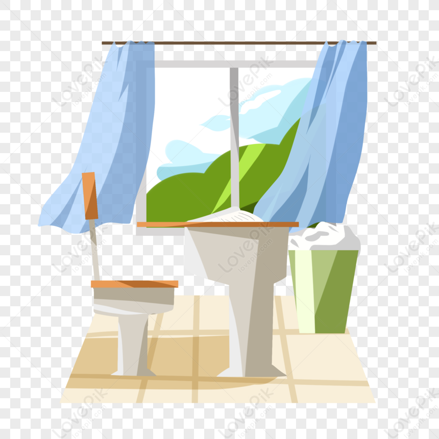 A cozy bathroom with a toilet, sink, and green plant beside a window with blue curtains and a scenic mountain view.