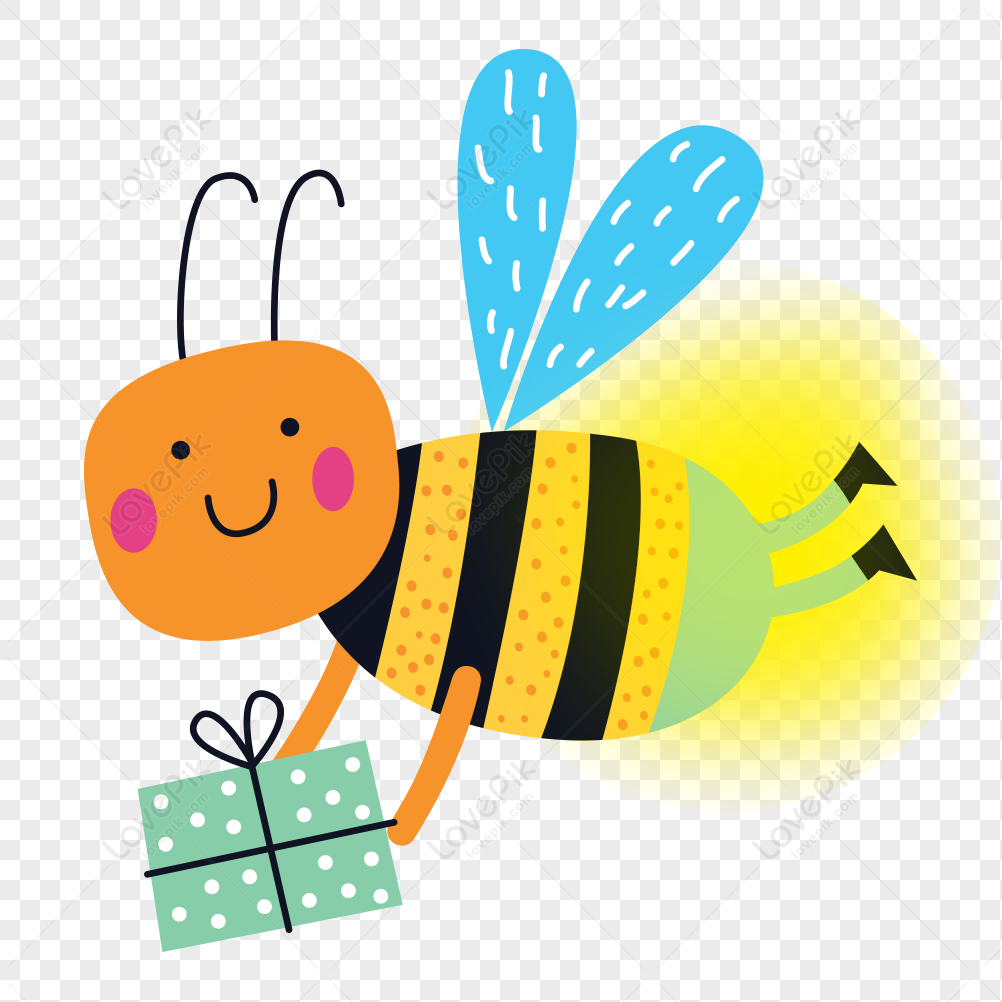 Cheerful cartoon bee with blue wings holding a polka-dotted gift box, glowing yellow tail light.