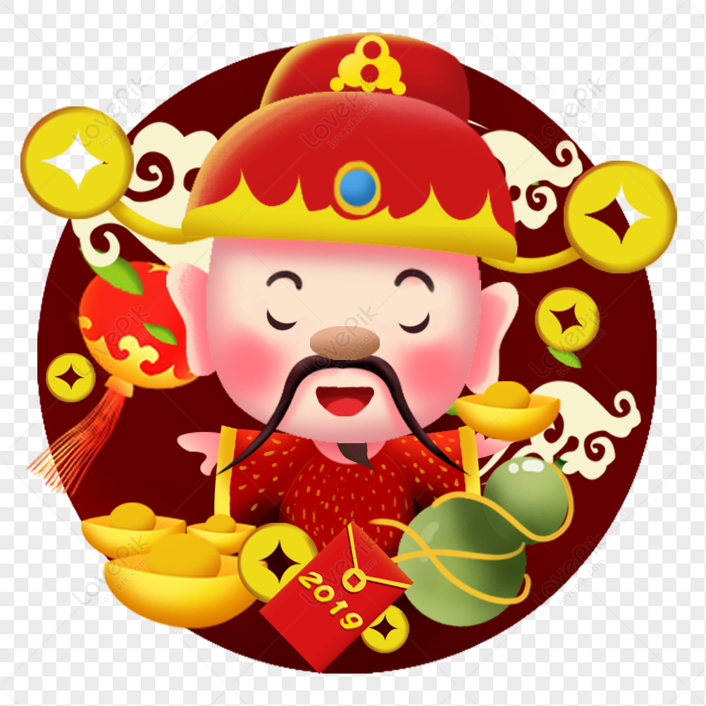 Cute cartoon Chinese God of Wealth surrounded by gold ingots, coins, red envelopes, and lucky symbols in festive red and gold.