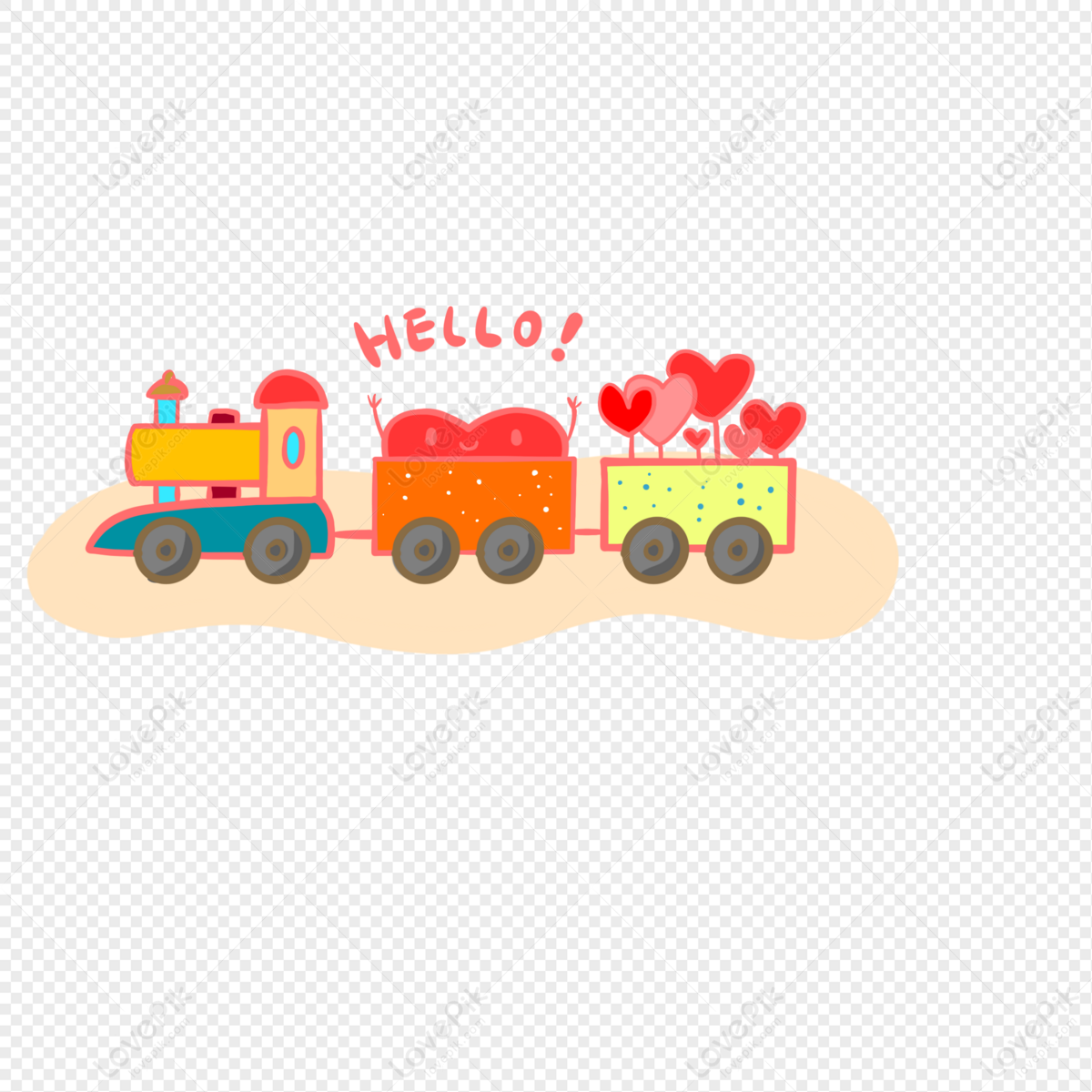 Colorful cartoon train with heart-themed cargo and "HELLO!" text, on beige ground over transparent background.