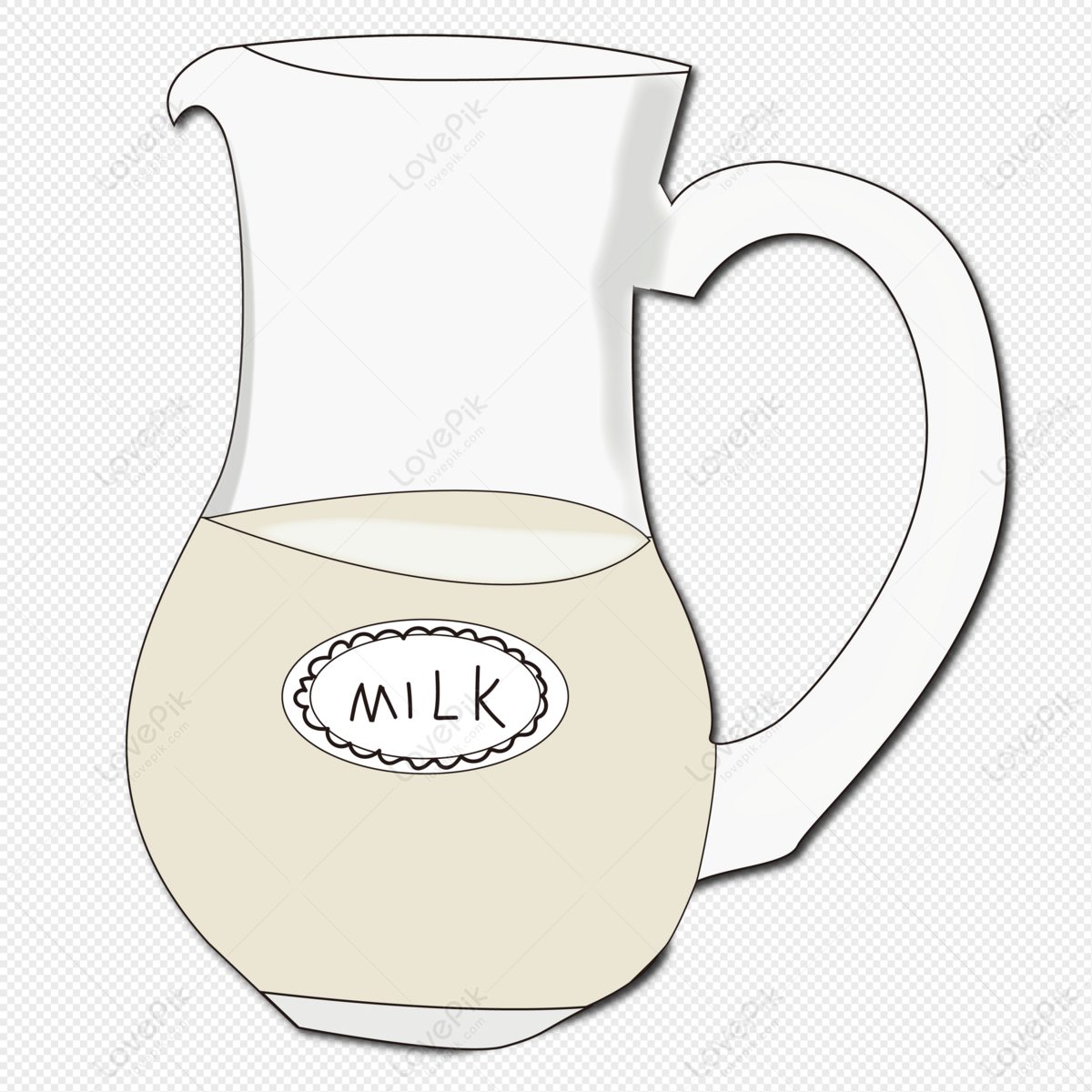 A white ceramic milk pitcher half-filled with milk, labeled "MILK" on an oval decorative sticker.