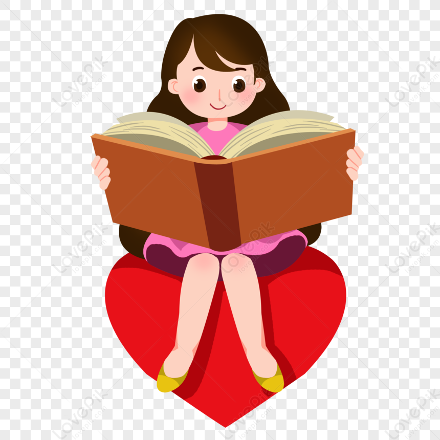 A smiling girl with brown hair sits on a red heart, reading a large open book.