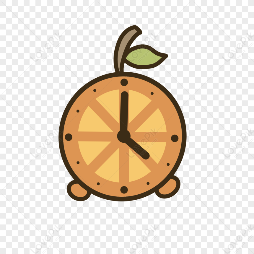 A cartoon-style orange-shaped analog clock with leaf stem and clock hands showing 4:00.
