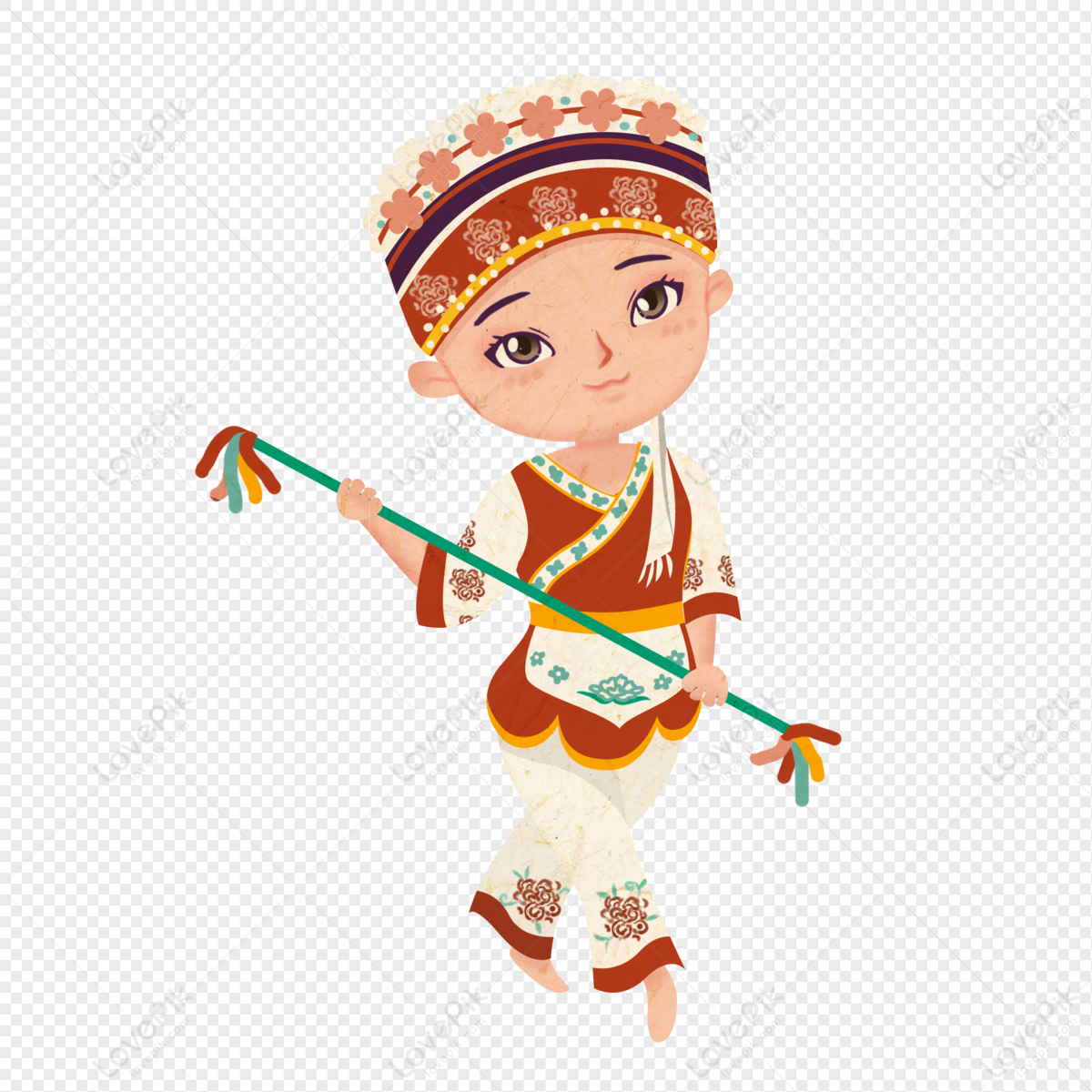 A cheerful cartoon child in traditional ethnic attire holding a decorated staff, smiling warmly.