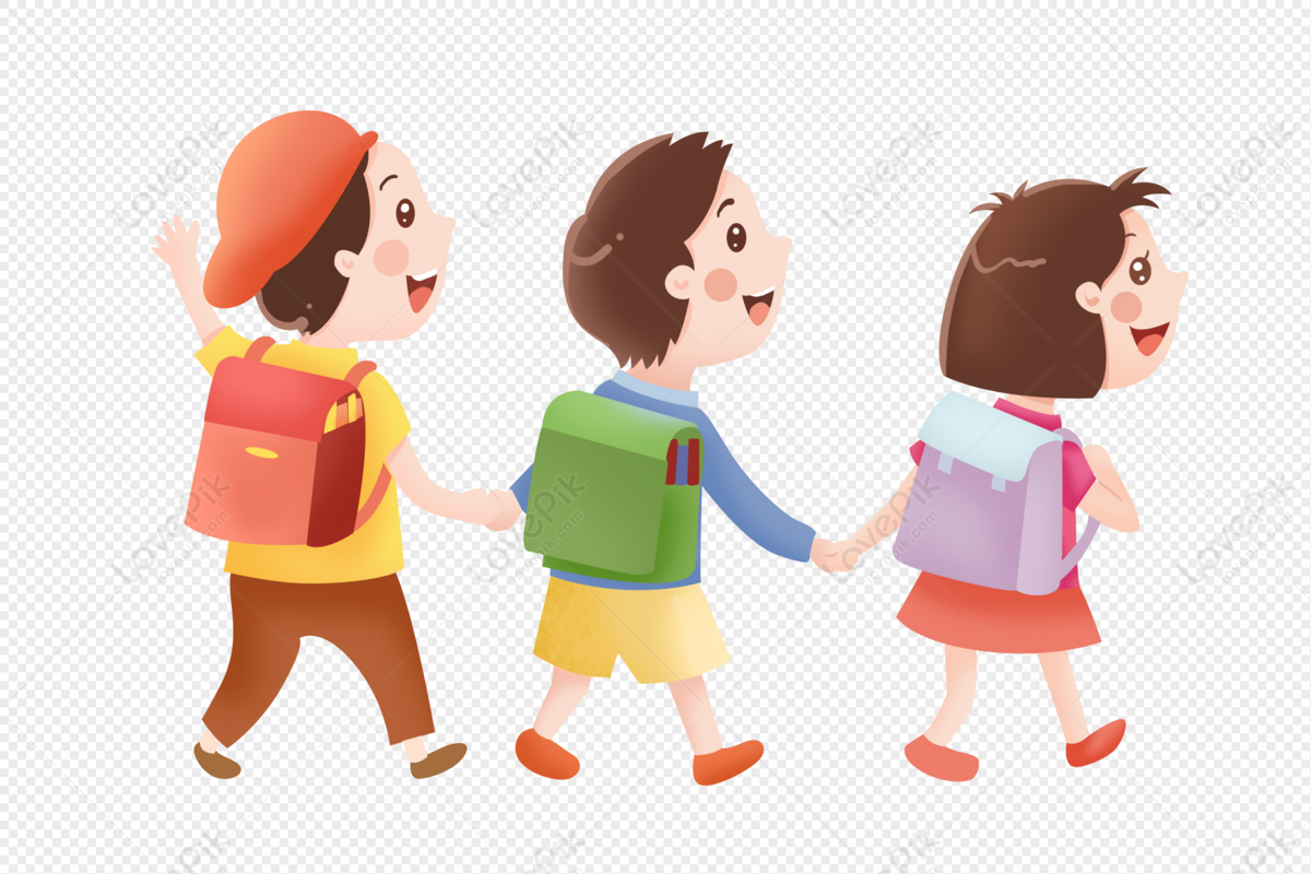 Three cheerful children holding hands and walking to school with colorful backpacks and smiling faces.