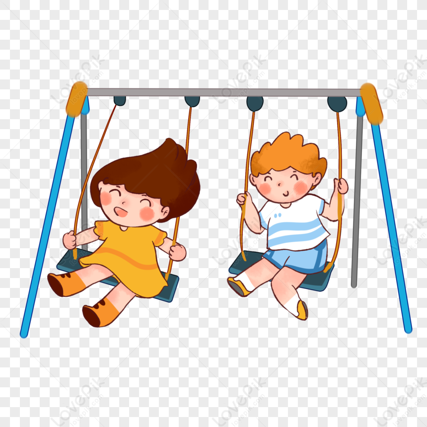 Two smiling children-a girl in yellow and a boy in striped shirt-joyfully swinging on a colorful playground swing set.