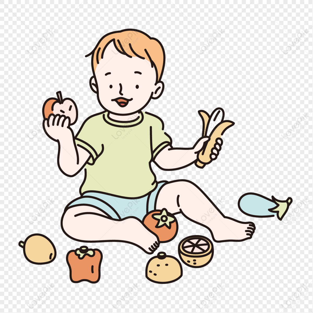 A cheerful toddler sits on the floor surrounded by colorful fruits and vegetables, holding an apple and a banana.