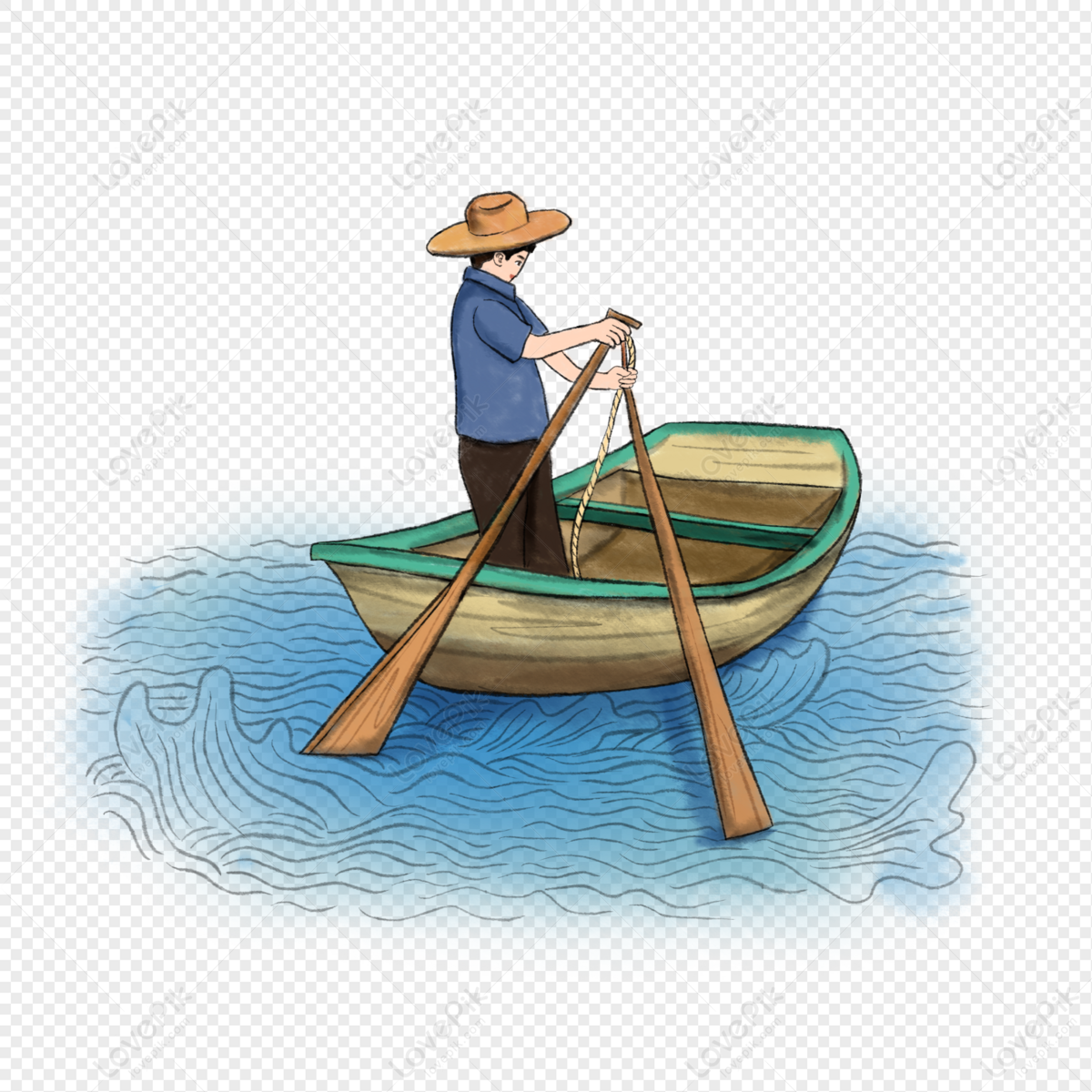 A man in a straw hat rows a wooden boat on blue water with hand-drawn waves.