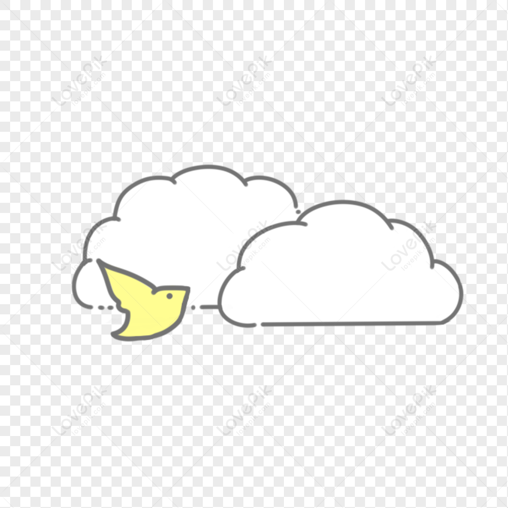 A yellow bird peeking out from behind two fluffy white clouds in a minimalist line-art style.