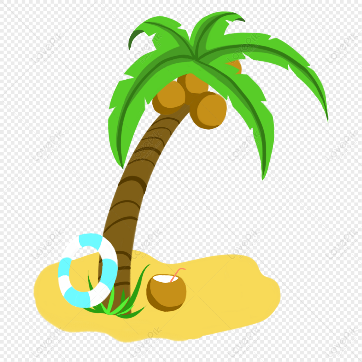 Hand-painted cartoon beach, coconut tree, sandy beach, sea png - Clip ...
