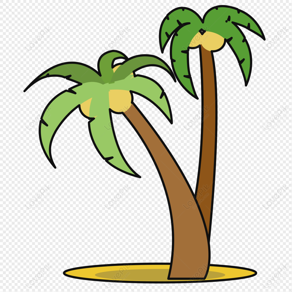 Two cartoon-style palm trees with green fronds and brown trunks on a small sandy island.