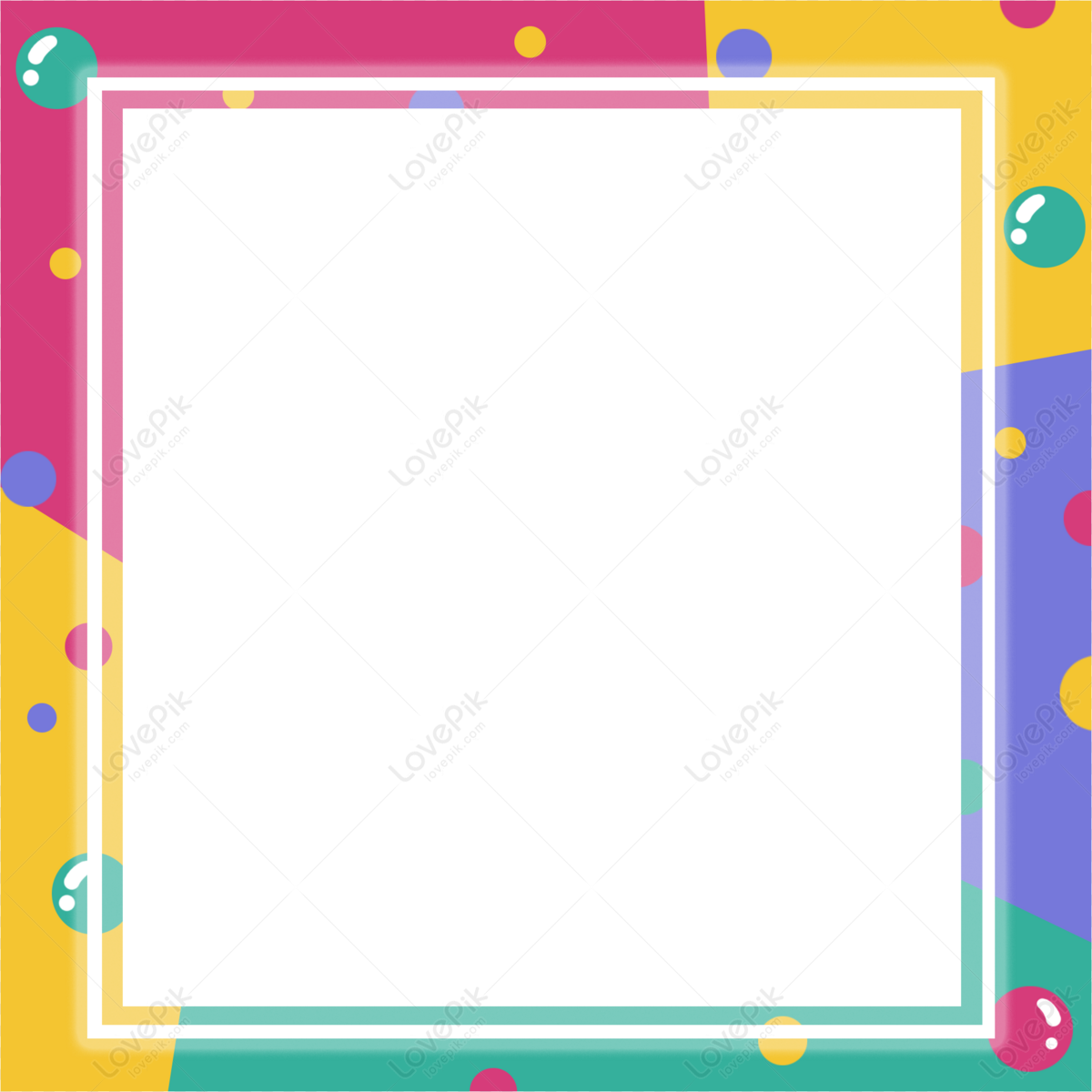 Vibrant colorful border frame with polka dots and exclamation icons, surrounding a blank white central area for content placement.