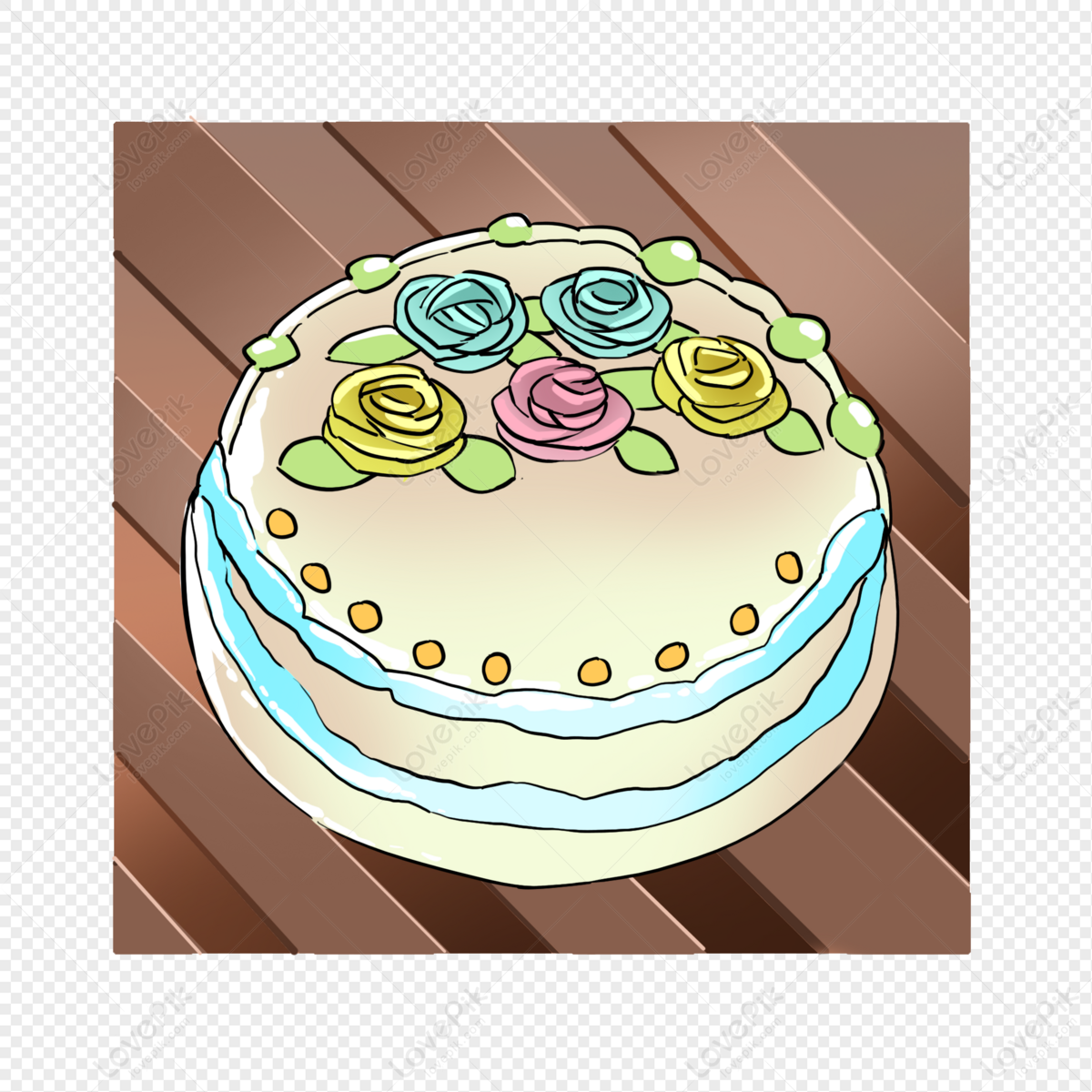 A beautifully decorated two-tier cake with pastel roses, green leaves, and blue icing on a wooden table.