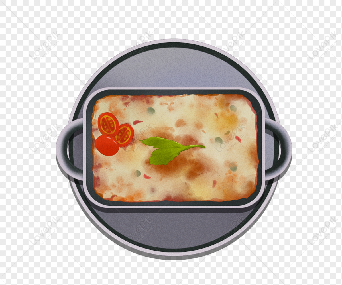 Baked lasagna in a rectangular dish on a round serving tray, garnished with cherry tomatoes and basil.