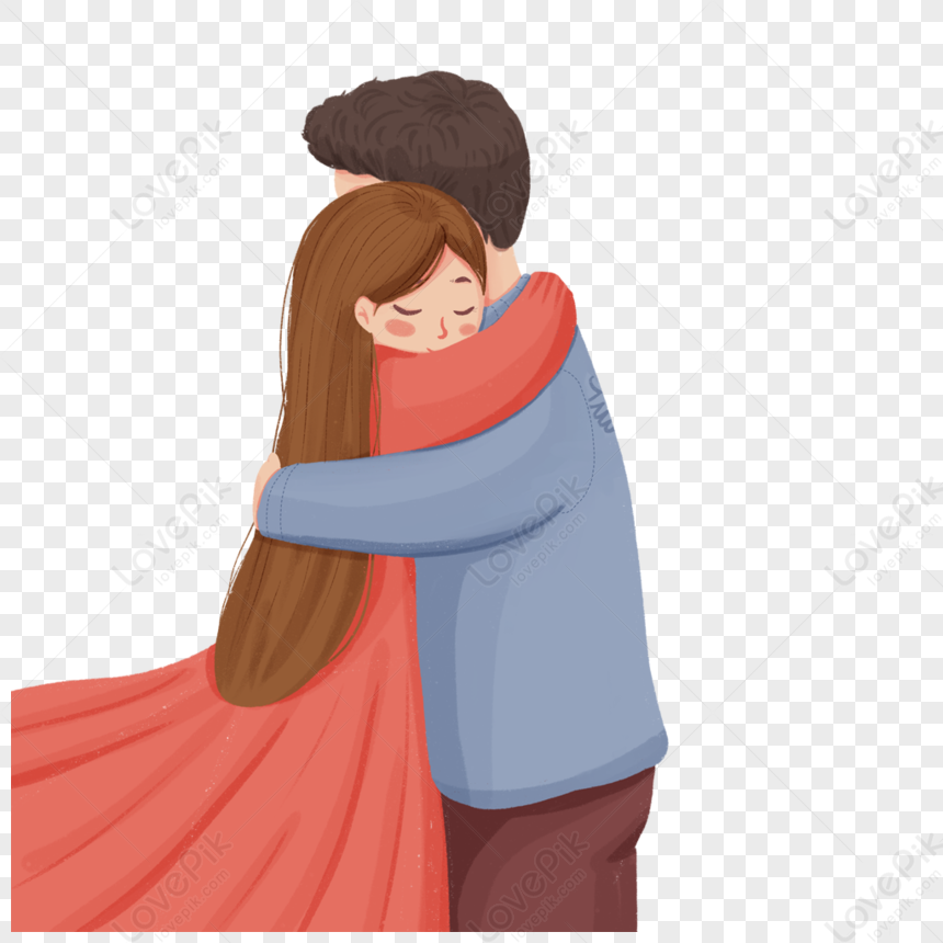 A tender cartoon-style embrace between a man in a blue sweater and a woman in a red dress, eyes closed, conveying love and comfort.
