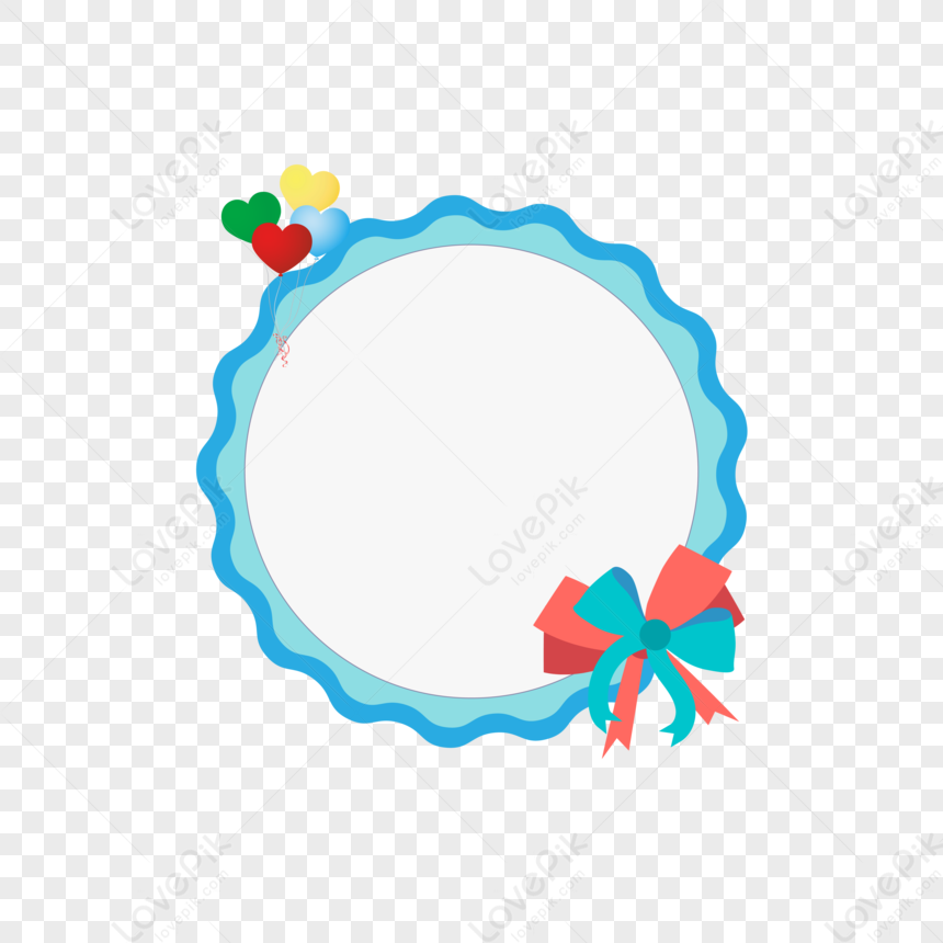 Festive circular frame with blue scalloped border, colorful balloons, and red-teal bow for celebrations or announcements.