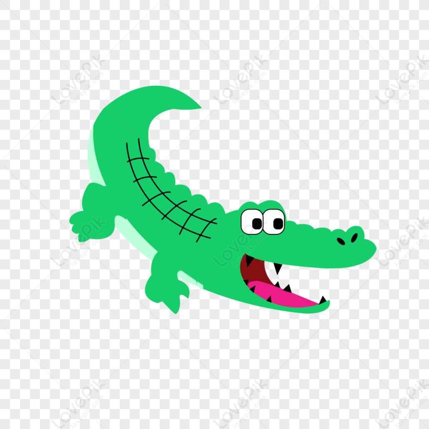 Cheerful green cartoon crocodile with stitched back, wide eyes, and open pink mouth showing sharp teeth.
