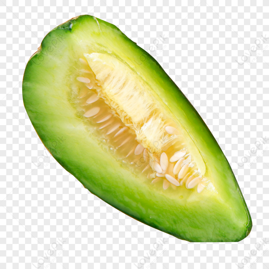Sliced green melon revealing pale flesh, seeds, and fibrous center on transparent background.