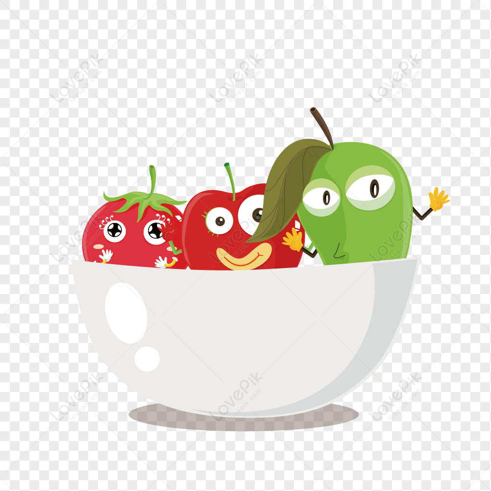 Cartoon tomato, cherry, and green apple with faces waving from a white bowl.
