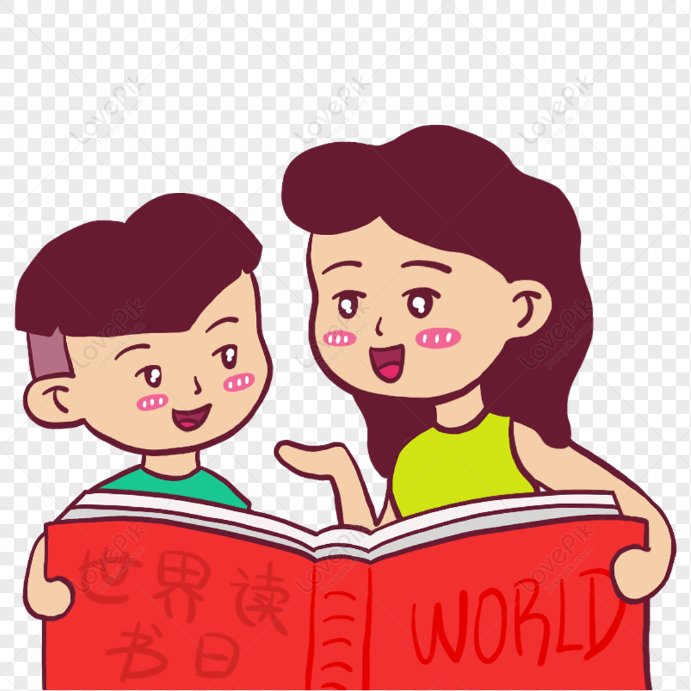 A smiling mother and child reading a red book together, celebrating World Book Day with Chinese and English text on the cover.