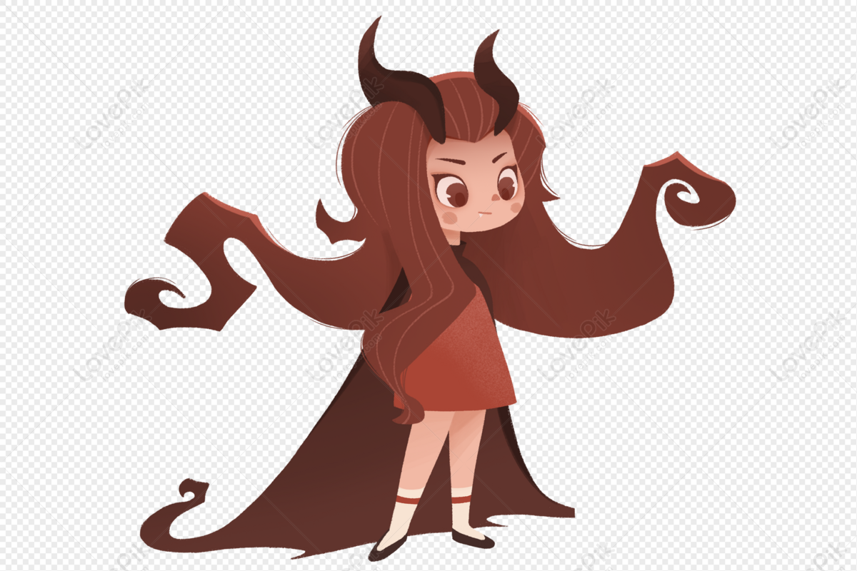 Chibi-style demon girl with brown horns, flowing hair, and a dramatic cape pose.