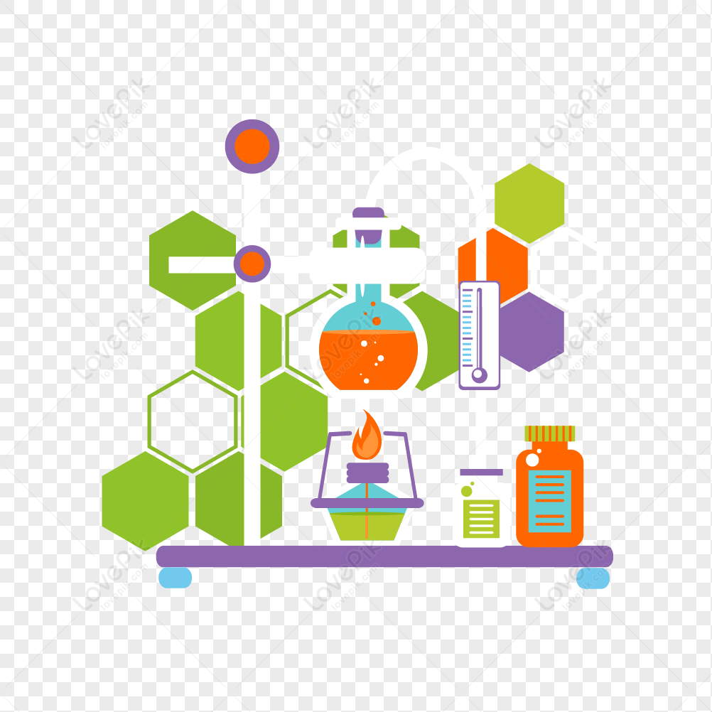 Colorful flat-style chemistry lab illustration with beaker, Bunsen burner, thermometer, and molecular hexagons on a lab bench.