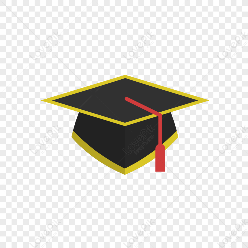 Black graduation cap with yellow trim and red tassel on transparent background.