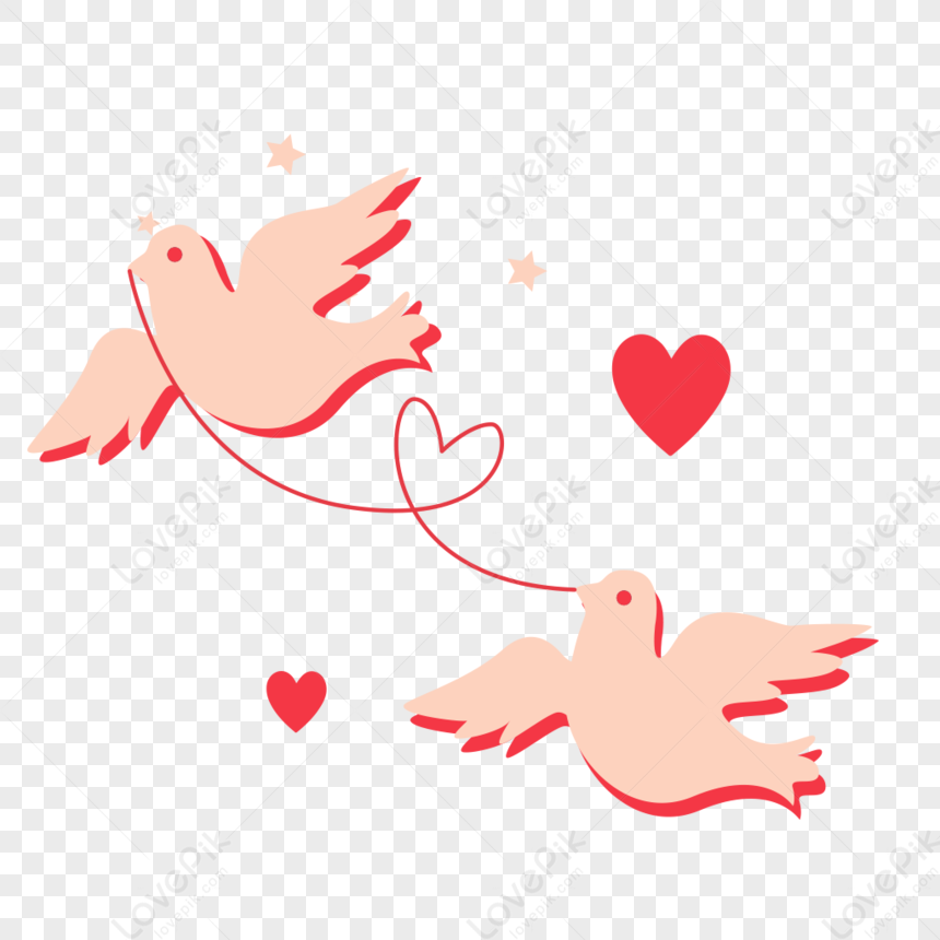 Two stylized pink doves flying with red hearts and stars, connected by a heart-shaped string, symbolizing love and romance.