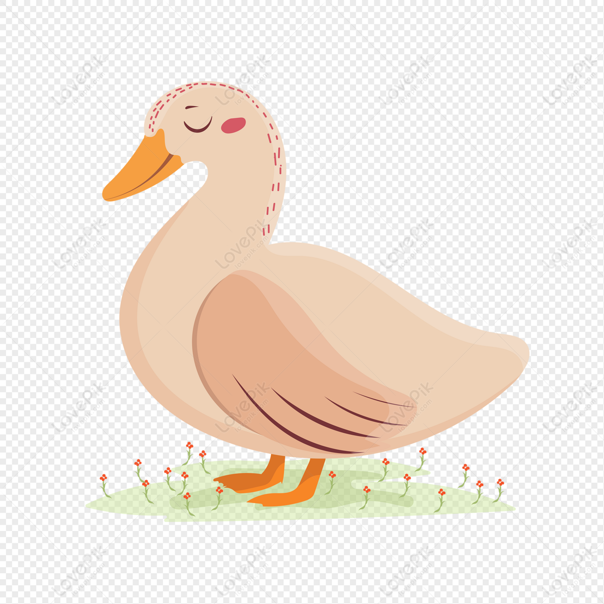 A cute cartoon duck with closed eyes, orange beak and feet, standing on grass with small red flowers.