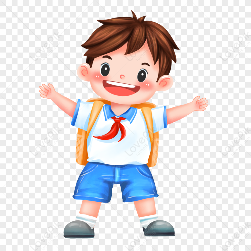 Happy cartoon boy in school uniform with backpack, arms raised joyfully.