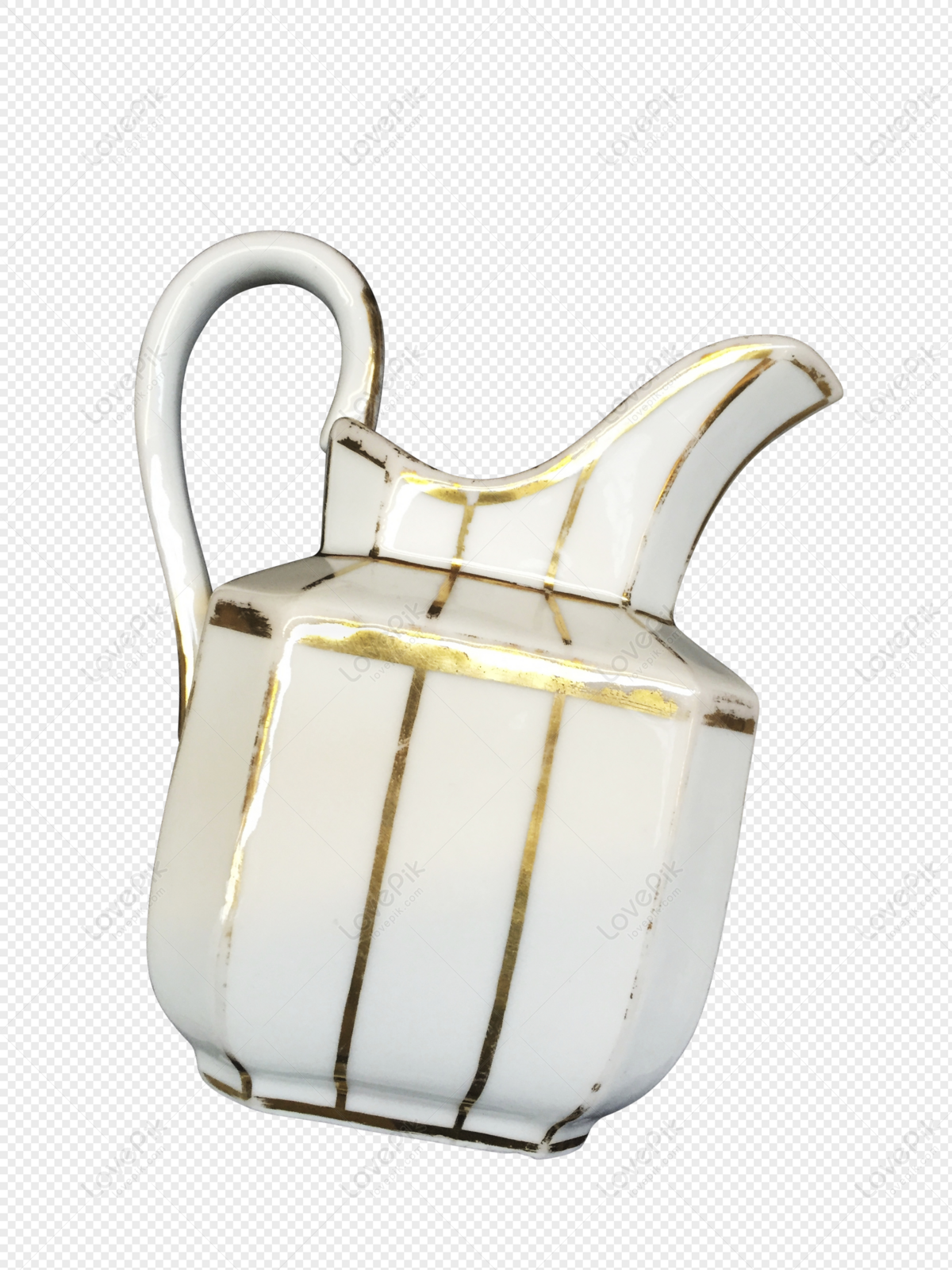 White porcelain pitcher with gold trim and geometric lines, elegant vintage-style design on transparent background.