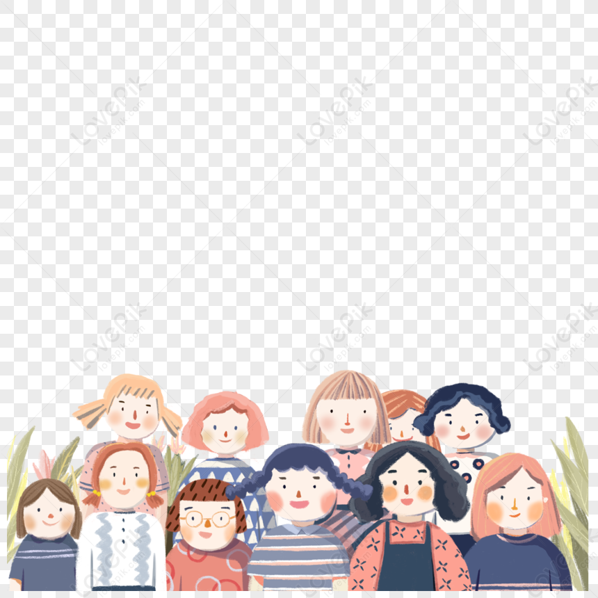 A diverse group of smiling illustrated girls and women in colorful outfits, standing together with greenery behind them.