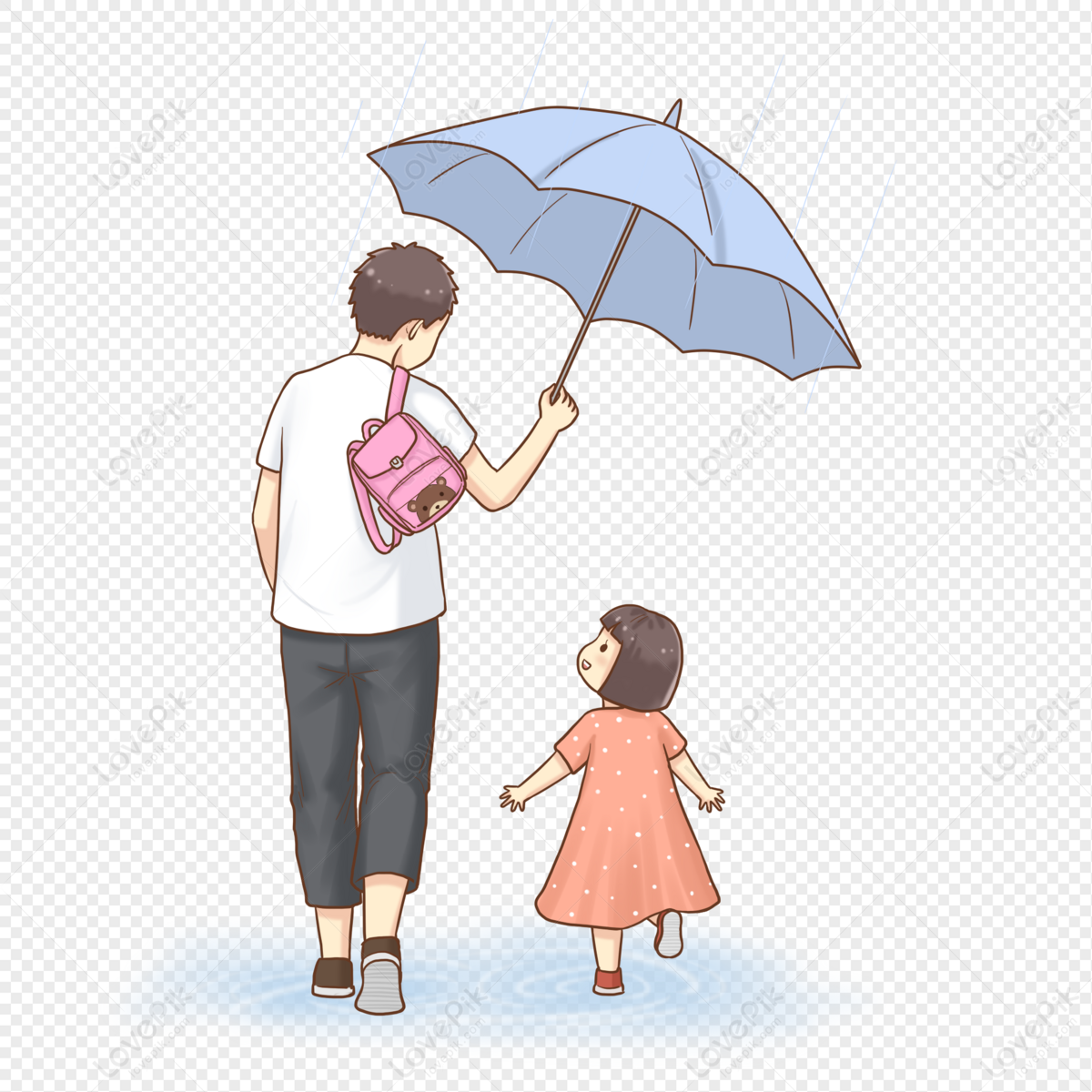 Father and Daughter Walking in Rain Under Umbrella - Heartwarming Illustration