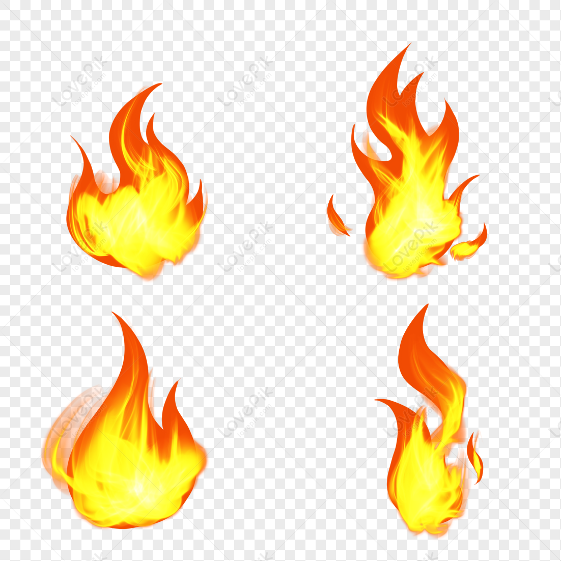 Four realistic flame illustrations in orange and yellow on transparent background, varying in shape and intensity.