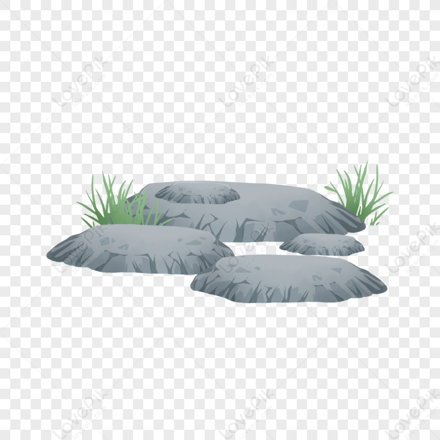 Gray cartoon-style rocks with green grass tufts on transparent background