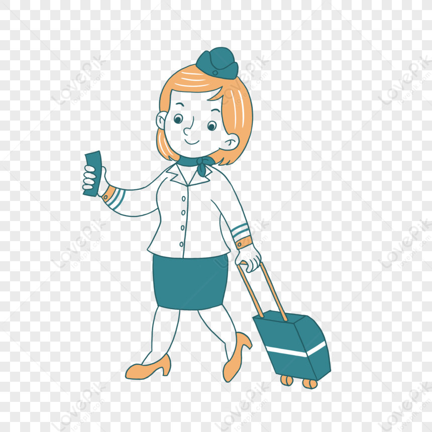 Smiling flight attendant in uniform holding boarding pass and pulling suitcase.