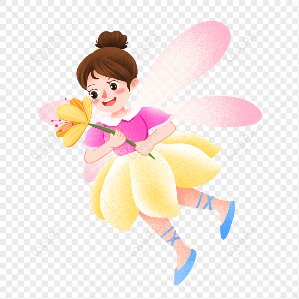 A cheerful fairy girl with pink wings, yellow dress, and brown hair holding a yellow flower while flying.