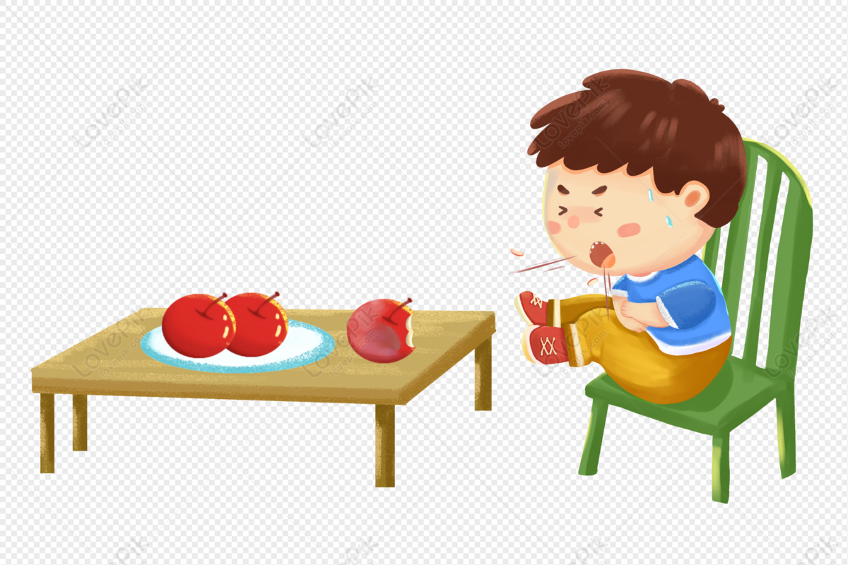 A cartoon boy sitting at a table, crying while holding a bitten apple; two whole apples sit on a plate nearby.