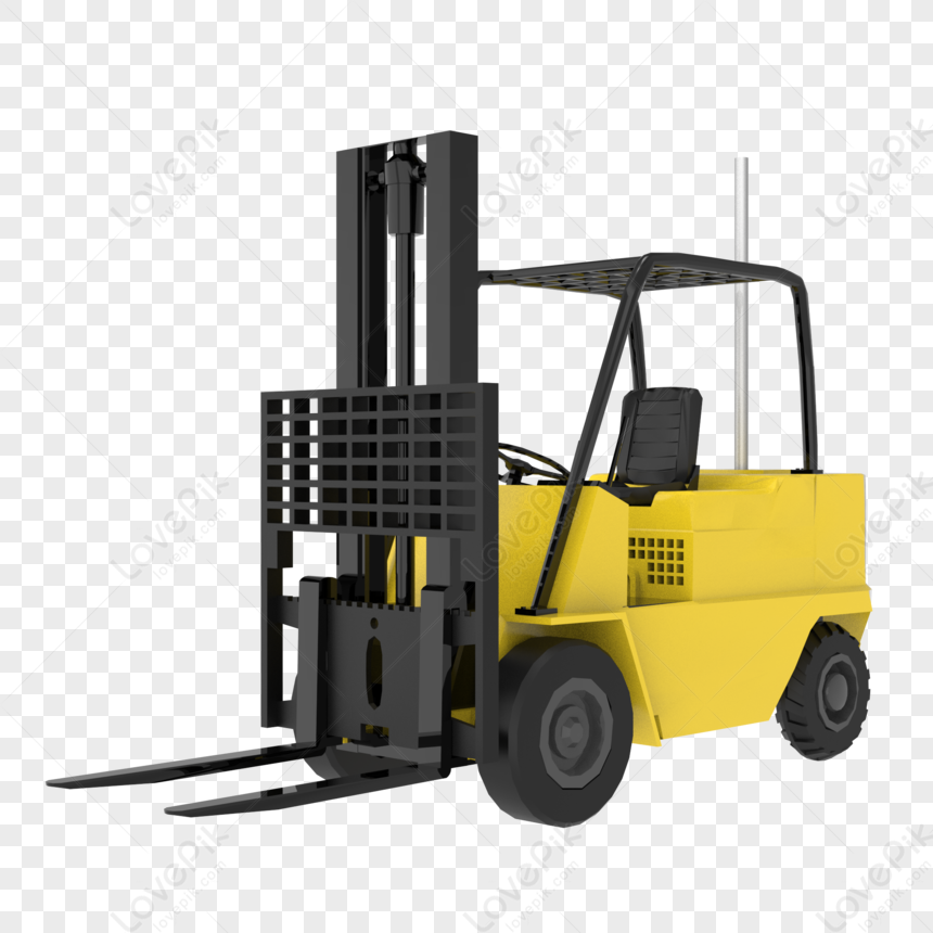 Yellow industrial forklift with black mast and forks on transparent background.