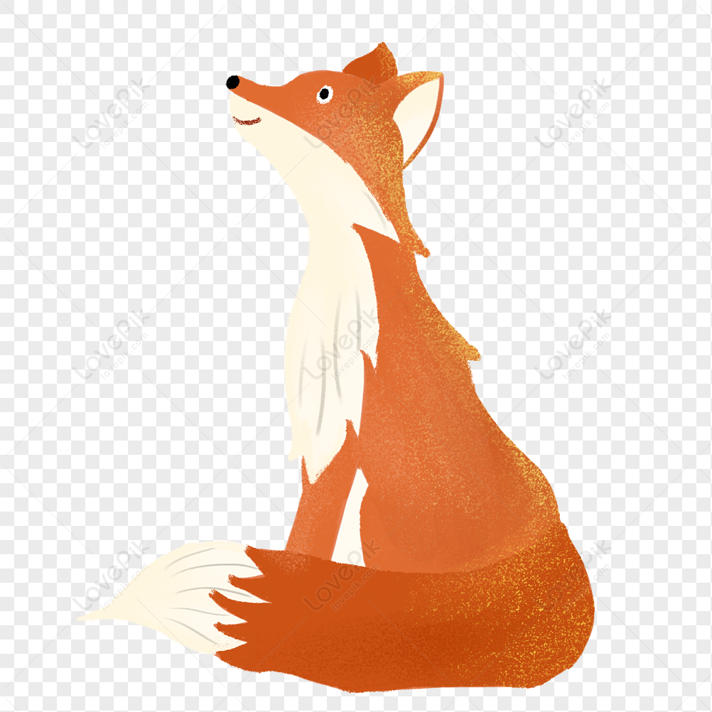 A charming illustrated red fox sitting upright, gazing upward with a gentle smile and fluffy white-tipped tail.