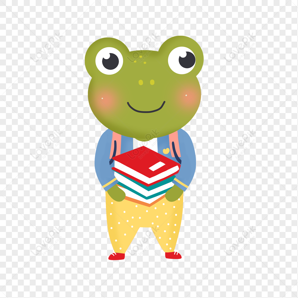 Cute green frog character wearing a blue jacket and yellow polka-dot pants, holding a stack of colorful books with a backpack.