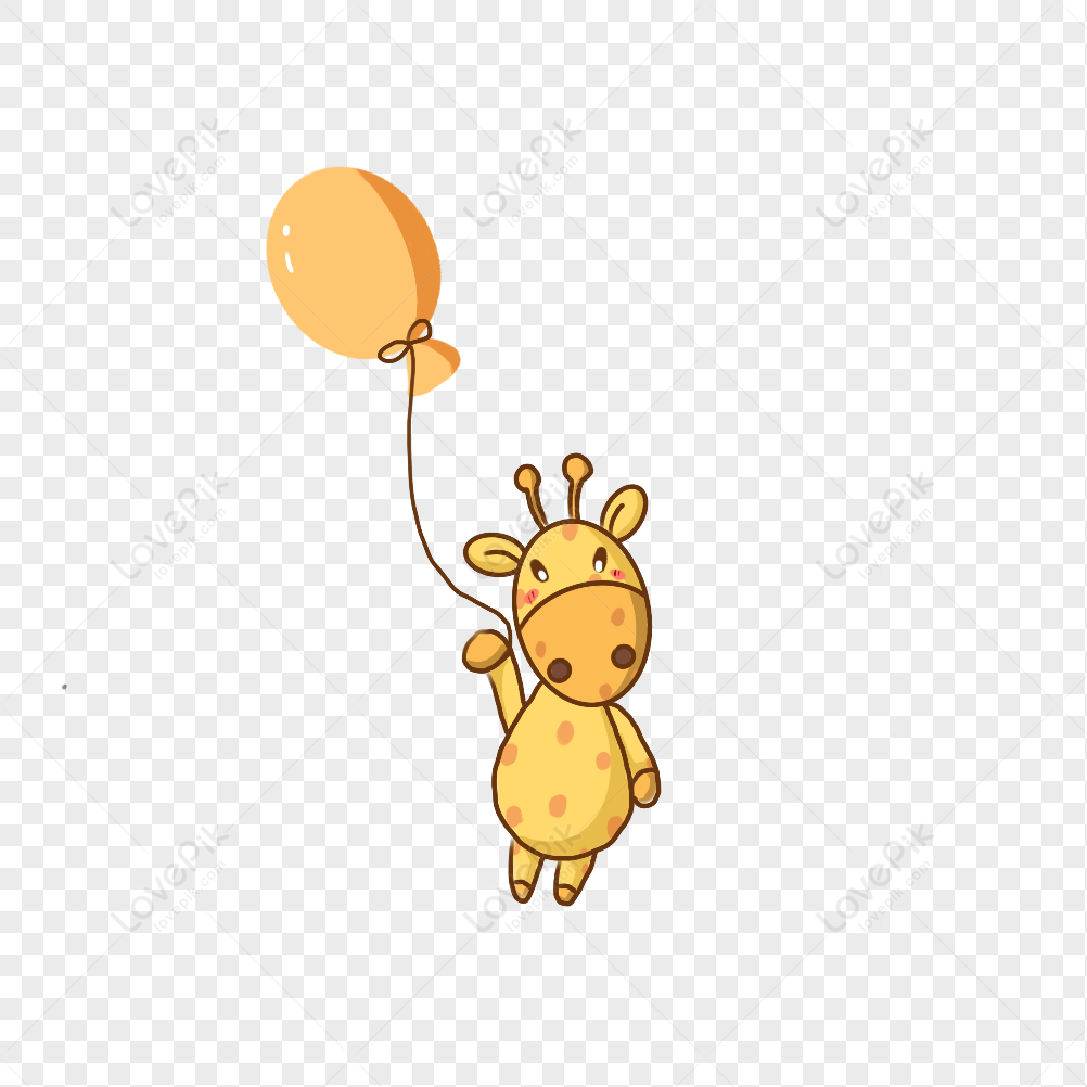 Cute cartoon giraffe holding an orange balloon, floating happily against a transparent background.