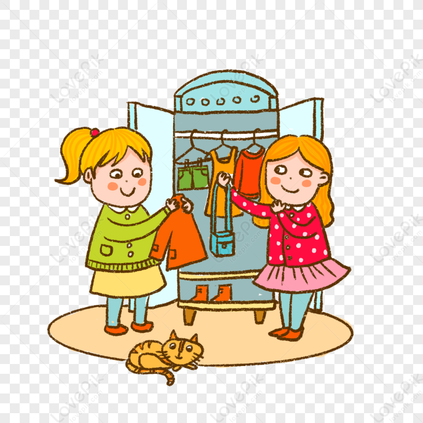 Two smiling girls sorting clothes in an open wardrobe with a cat nearby.