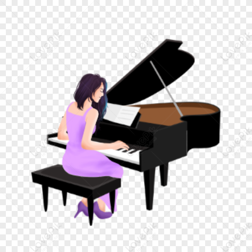 Woman in purple dress playing a black grand piano with sheet music on stand.