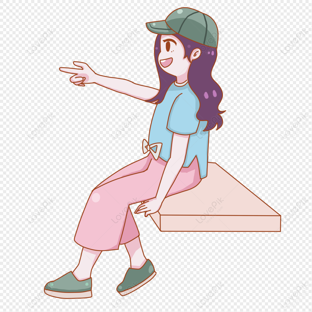 A cheerful cartoon girl in a green cap, blue shirt, and pink pants sits on a block while pointing forward with a smile.