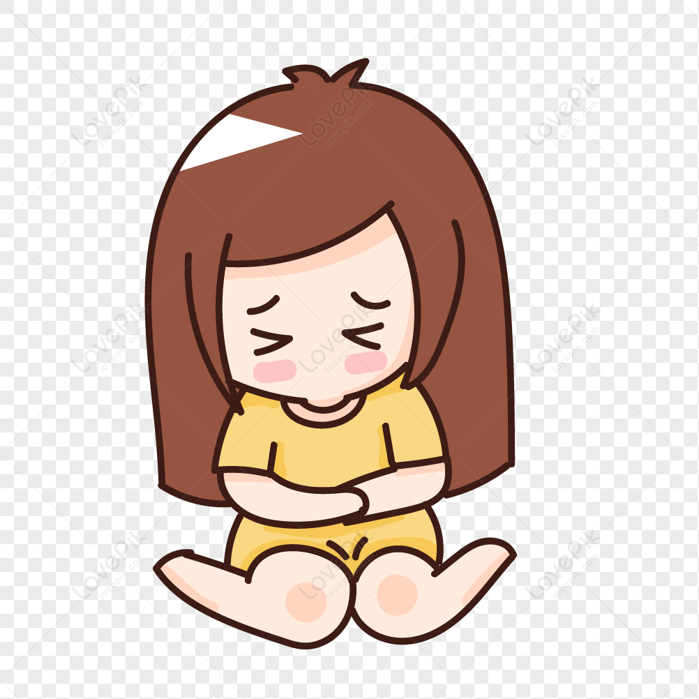 Cute cartoon girl sitting cross-legged with closed eyes and blushing cheeks, wearing a yellow outfit.