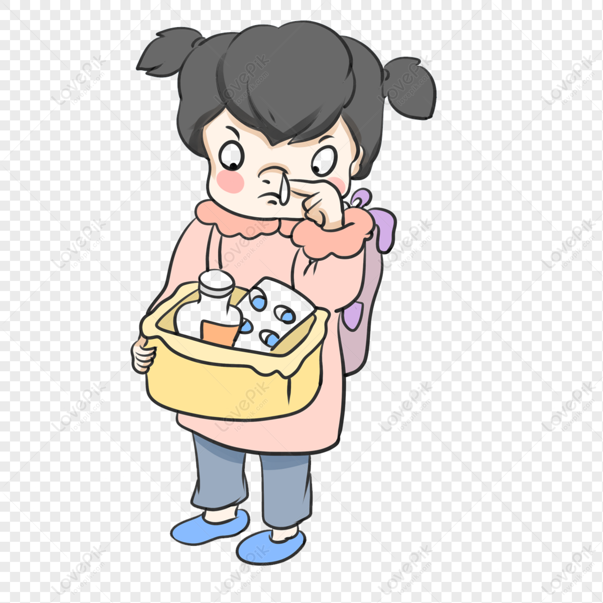 A cartoon girl with pigtails holds a basket of medicine while picking her nose, looking concerned.