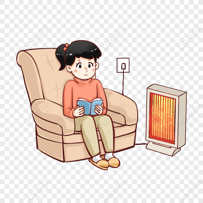 A girl sits in a cozy armchair reading a book beside a glowing space heater, dressed warmly in winter clothes.