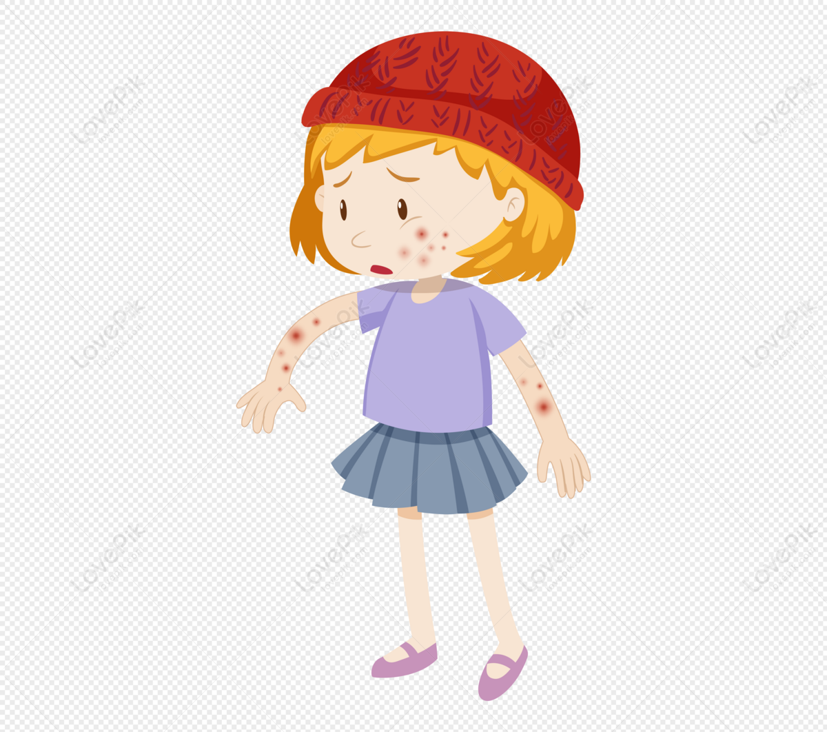 Sad cartoon girl with red rash on face and arms, wearing red beanie and purple outfit.
